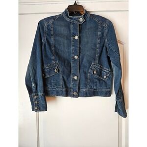Chicos Platinum Denim Jacket Women Size 1 Collar Dark Wash‎ Trucker Indie Hippie